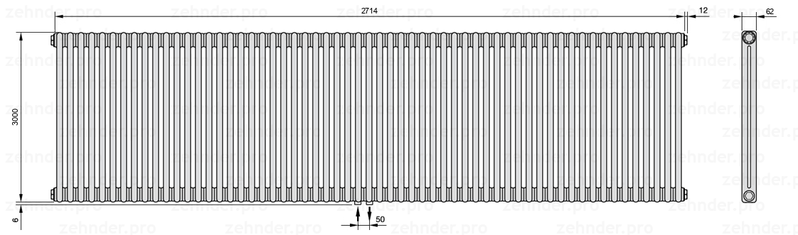 Схема (чертеж) Радиатор Zehnder Charleston 2300/59 №3470 Белый глянцевый RAL 9016